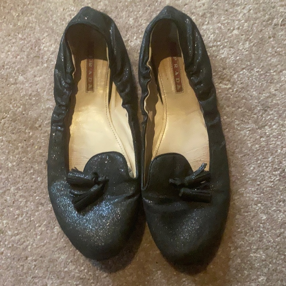 Black Glitter PRADA Tassel Flats 38